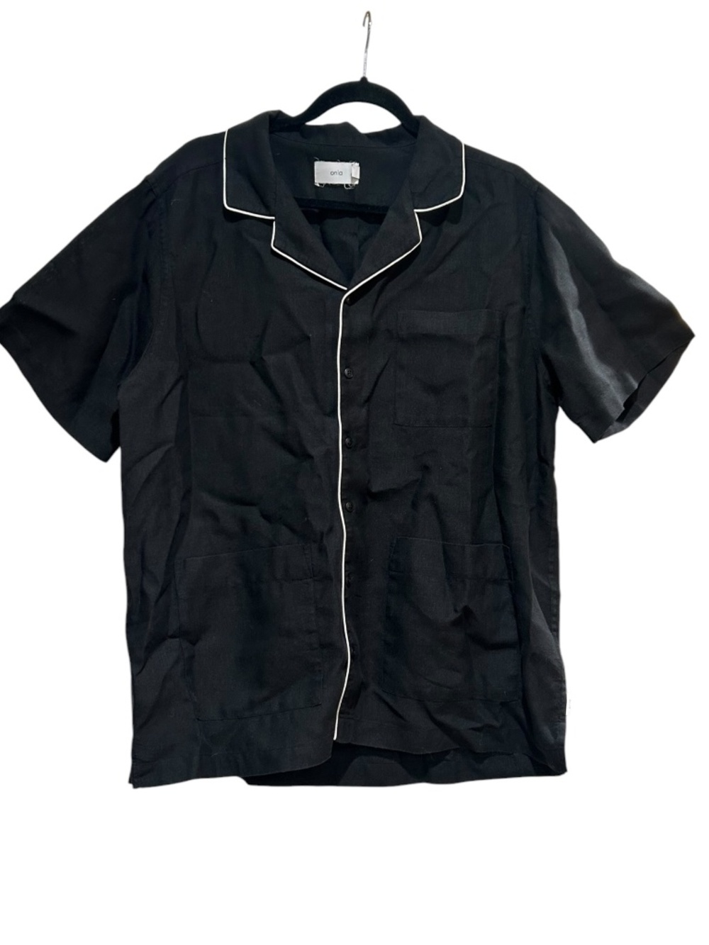 Onia Black Linen Short Sleeve Shirt Men's Size L Large Linen